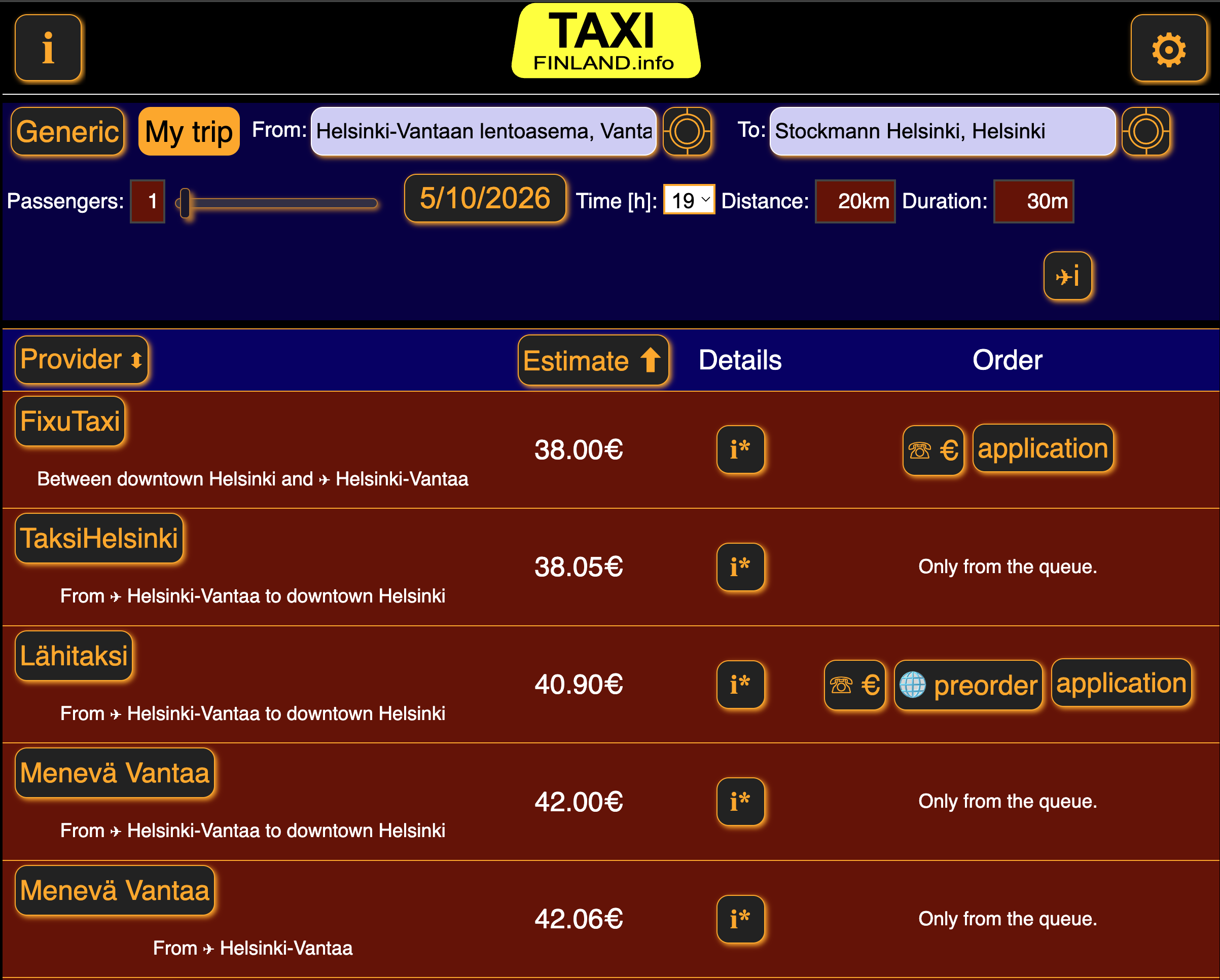 TaxiFinland.info on a large screen, showing an airport departure price comparison